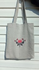 Shopper bag made of vintage hand-woven linen fabric with hand embroidery