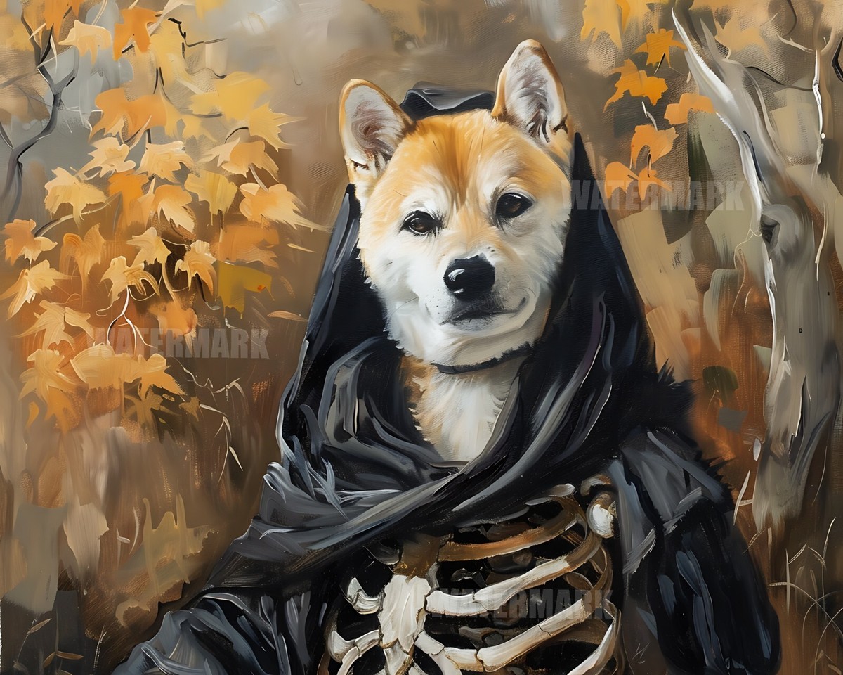 人物画 ２点セット P8 油彩画 oil painting art 8x10 Matte Print_ Akita Dog in Skeleton Costume Oil Painting