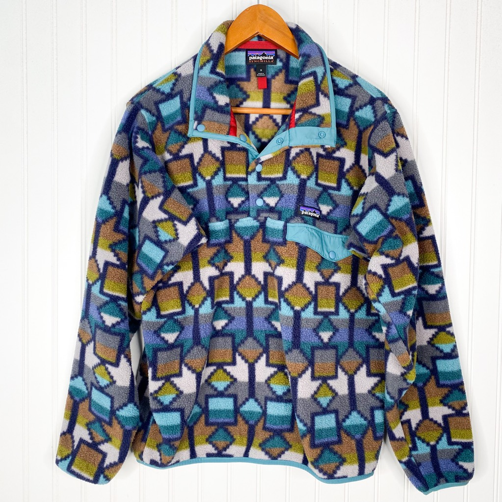 Patagonia Mens synchilla Fleece pullover Blue Geometric 1/4 Snap