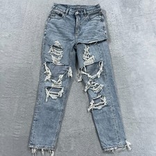 American Eagle Mom Jeans Women 0 Blue High Rise Stretch Light Wash Distressed