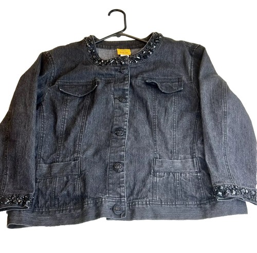 Ruby Rd Womens Black Denim Jacket Jeweled Bling size 16 - Picture 2 of 11