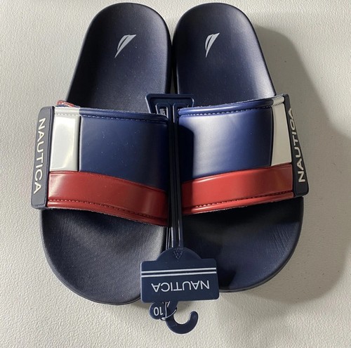 Nautica Bower 2 sandali uomo ciabatte slide taglia 10 blu navy bianco rosso NUOVI