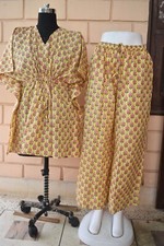 Indian Hand Block Yellow Floral Cotton Kimono Robes Night Suit Sleepwear Gown US