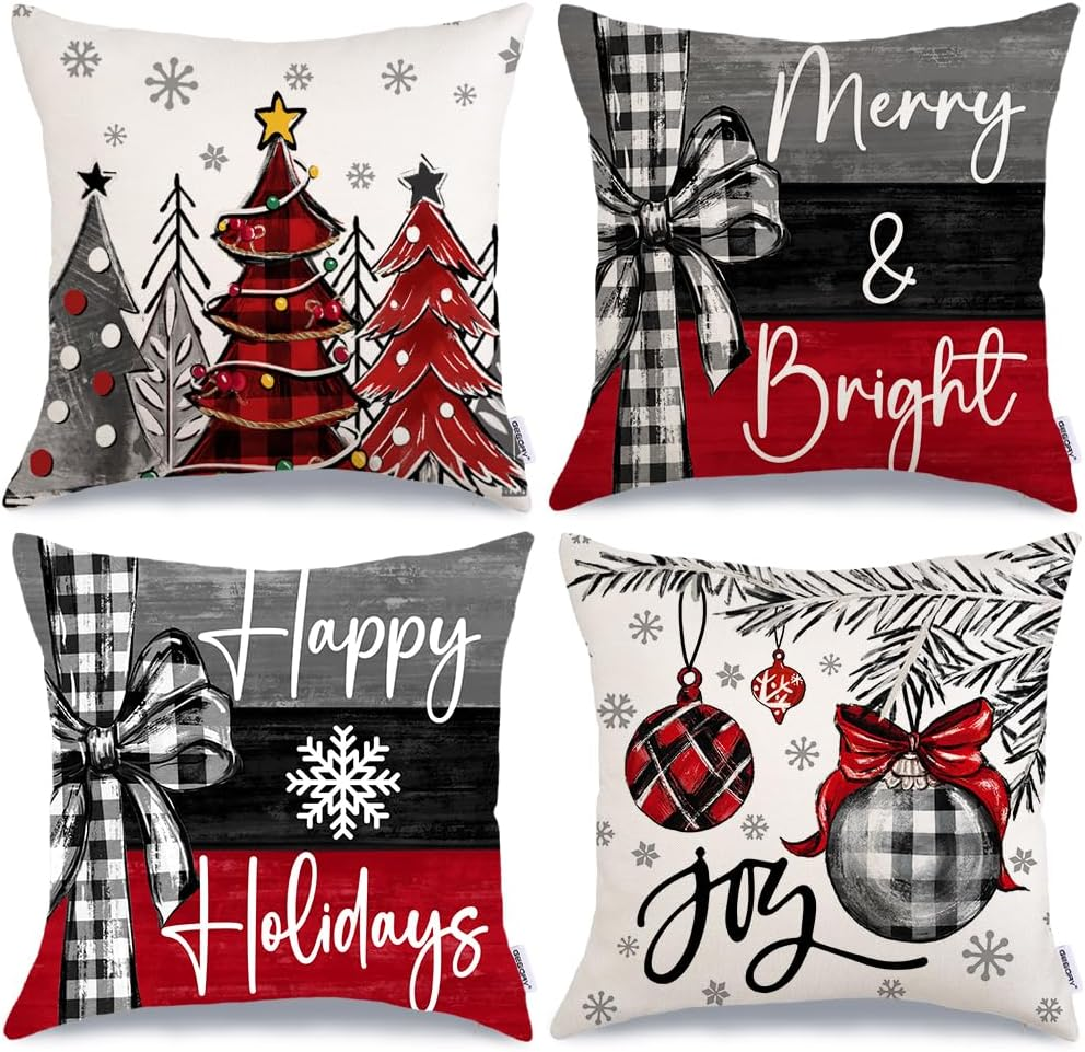 Christmas Throw Pillow Covers 18X18 Inch Set of 4, Xmas Trees Merry and Bright H