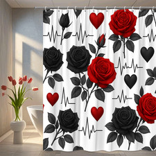 Black and Red Rose Shower Curtain with Heartbeat Pattern