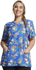 Dickies Scrubs Top Women's XS V-Neck Blue Print Livin' On The Hedge Hog