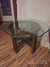 Drexel Heritage Chinese Chippendale Glass Topped Octagonal Dining Table 