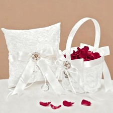 White Lace Wedding Ring Pillow & Flower Basket Set, Satin, Floral, 2pc