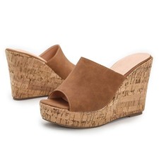 LEHOOR Cork Wedge Mules for Women Platform Slide Sandals Peep Toe, High Wedge...