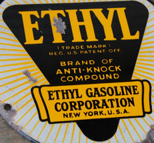 dated 1940s ETHYL GASOLINE Old Gas Pump 8 inch Porcelain Sign