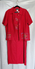 Sag Harbor Jacket Dress Set Women's 14 Red Linen Cotton Painted Pattern