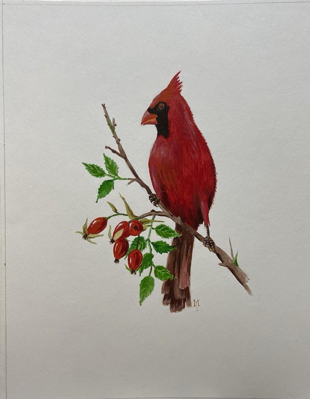 Original PAINTING Ryta Christmas Cardinal Red Bird Berries Gift Folk Art 🎄