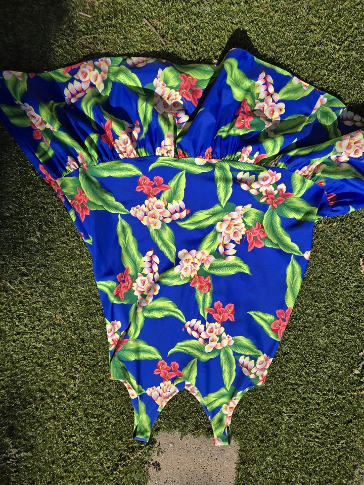 Vestido midi vintage HILO HATTIE'S azul hawaiano mediano caftán resort poliéster Foto 3 de 4