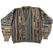 Vintage Tosani Sweater Mens Medium Multicolor Geometric Knit Button Cardigan 90s