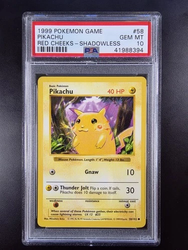 PSA 10 Red Cheeks Pikachu Shadowless 58/102 - 1999 Base Set Pokemon Card Game