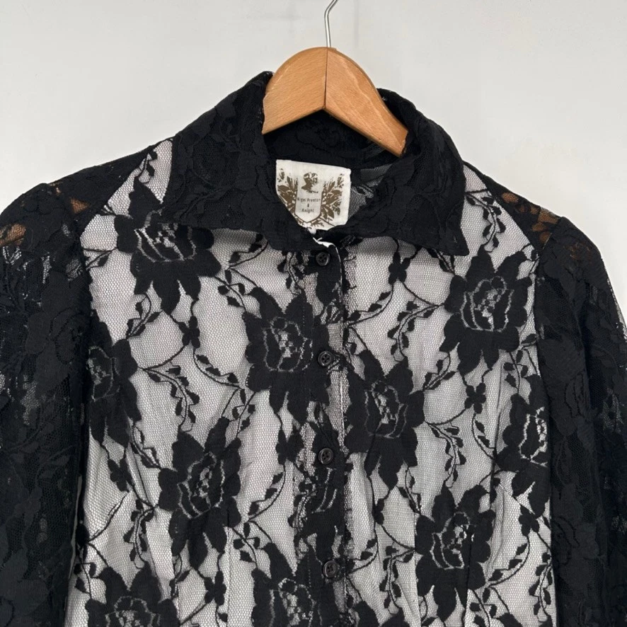 Nigel Preston Knight Blouse Womens Medium Black Lace Long Sleeve Button Front - Image 2 of 4