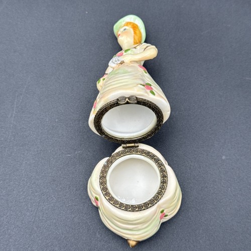 Porcelana Mini Estilizada Dama en Vestido Victoriano Bisagras Caja Baratija 5” LEER - Imagen 7 de 7