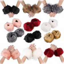 Winter Women Faux Fur Fluffy Elastic Wrist Cuffs Arm Warmer Plush Hand Sleeve US