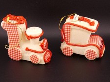 Vintage Christmas Felt Train and Car Red & White Plaid Ornament Lot Japan