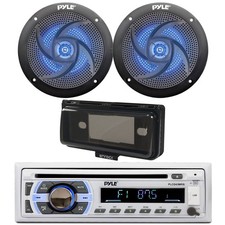 Pyle Marine CD Radio, 2x 5.25" 180W Blue Flash LED Boat Speaker, Cover Black