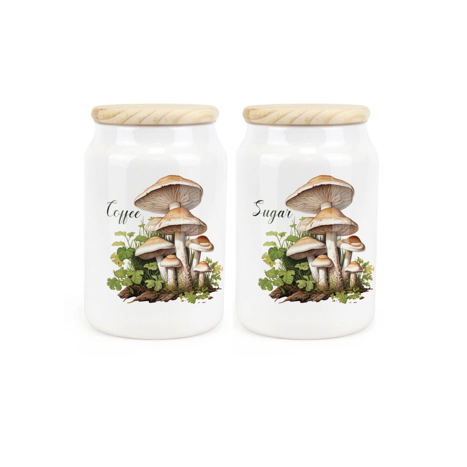 Ceramic Tapered Mushrooms Canisters Set - Coffee Sugar Storage Jars