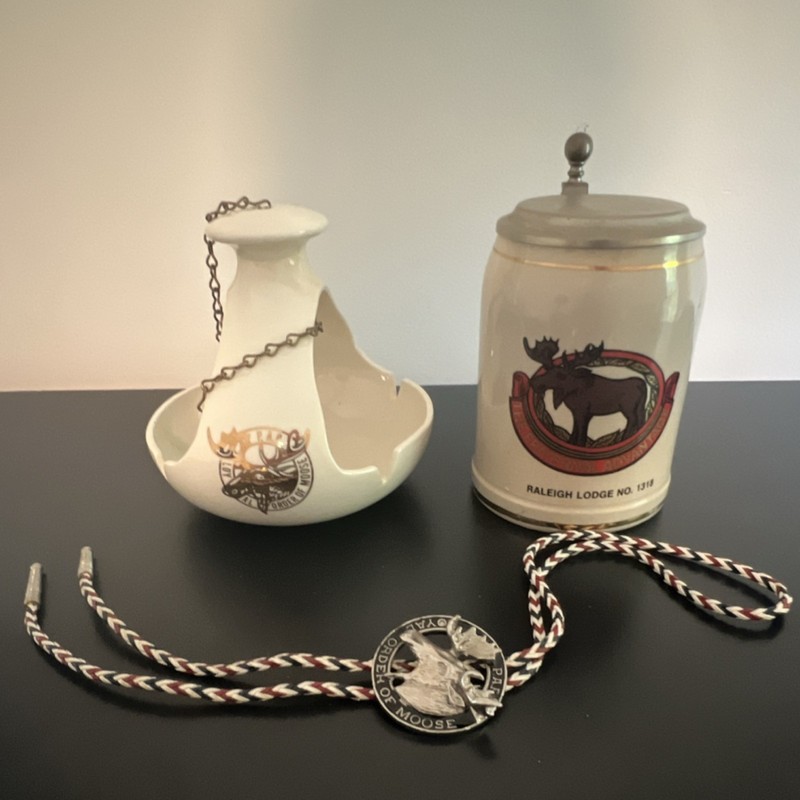 Loyal Order of Moose Lot. Hanging Ashtray, Bolo tie, and Beer Stein Vintage