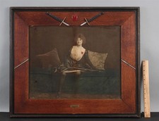 Antique JAMES ARTHUR Edwardian Fencing Girl Photograph, Sword & Heart Oak Frame