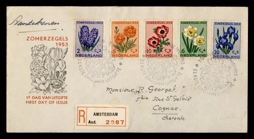 DR WHO 1953 NETHERLANDS FDC SUMMER FLOWER CACHET SEMI POST COMBO R25078