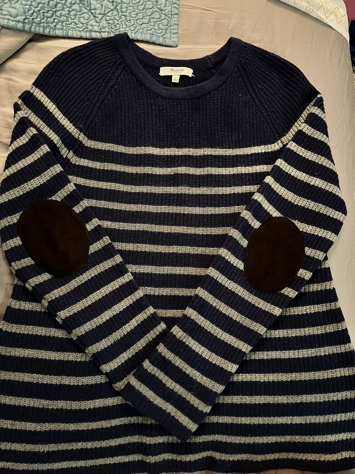 Madewell Elbow Leather Patch Stadium Sweater Blue… - image 1