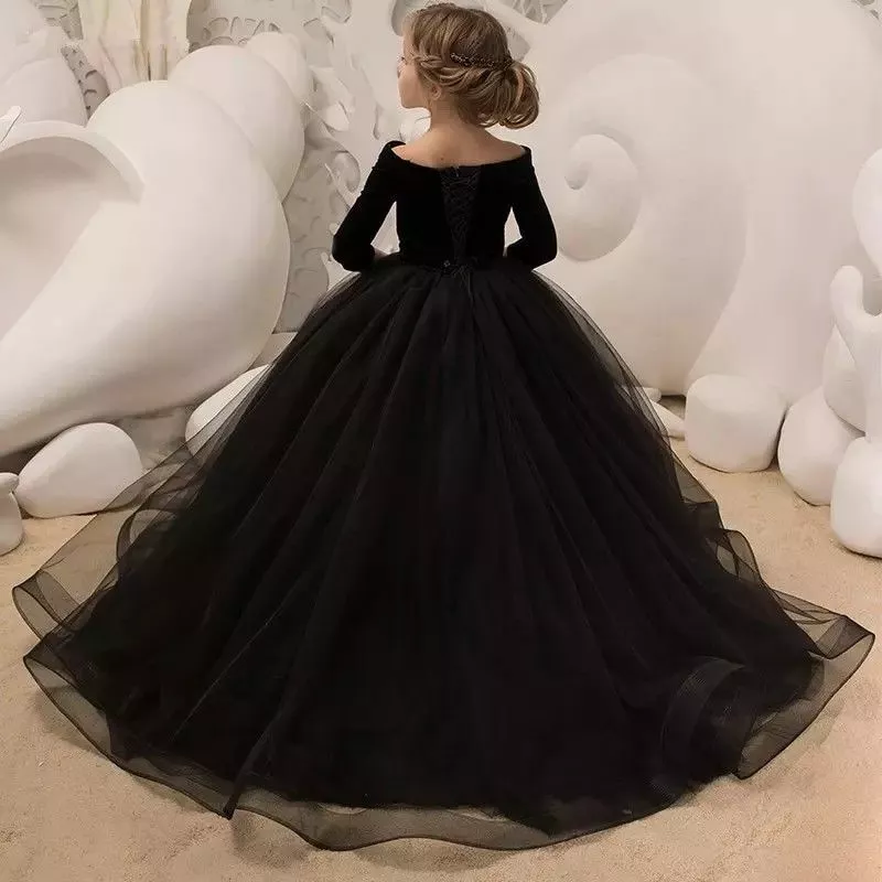 Black Ball Gown Flower Girl Dresses Little Girls Party Dress Black Pageant  Gowns