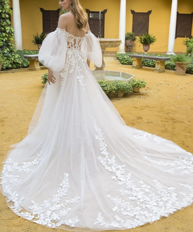 Luftiges Illusion Spitze Hochzeitskleid 32-60 Maßgeschneidert Glitzer Puffärmel - Bild 2 von 4