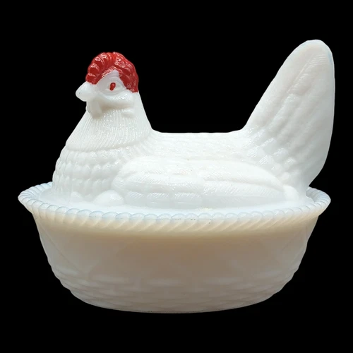Vintage Westmoreland Nesting Hen Dish Milk Glass Covered Dish Painted Red Comb