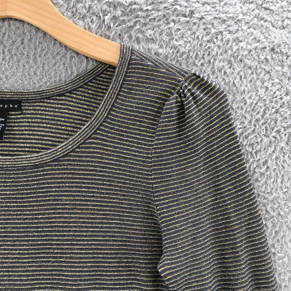 Apostrophe Pullover Sweater Womens L Black Gold Cotton Blend Striped 3/4 Sleeve - Image 3 of 4