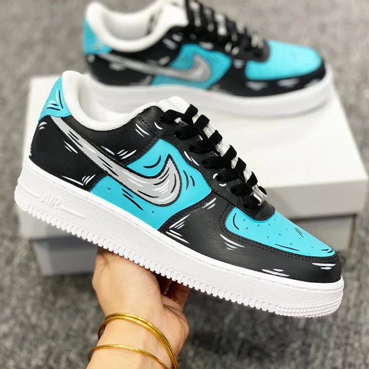 Air Force 1 Custom Shoes Low Cartoon Blue Black White Outline All Size