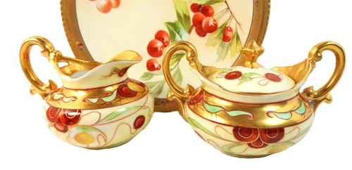 Antique Limoges Pickard Teapot Sugar Creamer Set and Plate Hand Painted Cherries - Picture 8 of 15
