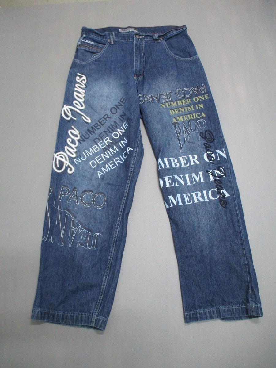 パンツ 90s PACO JEANS Super Baggy Cargo Denim PACO Jeans Adult 34x32 Blue Y2k Spellout AOP Baggy Wide leg