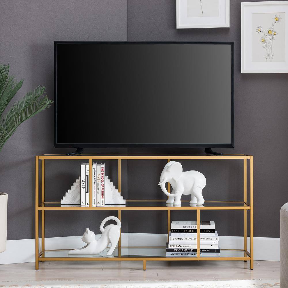 Meyer and Cross TV Stand 25"x48"x16" Brass Hexagon+Gold Metal+Heavy Duty+Indoor