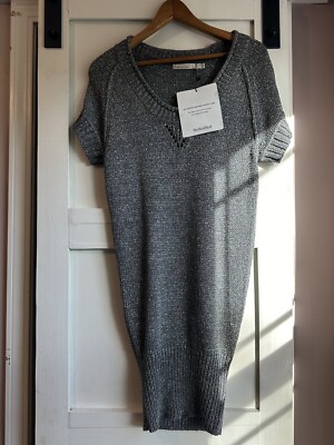 Karen Millen Women's Short Sleeve Sweater Dress Metallic Silver Gray EUC 