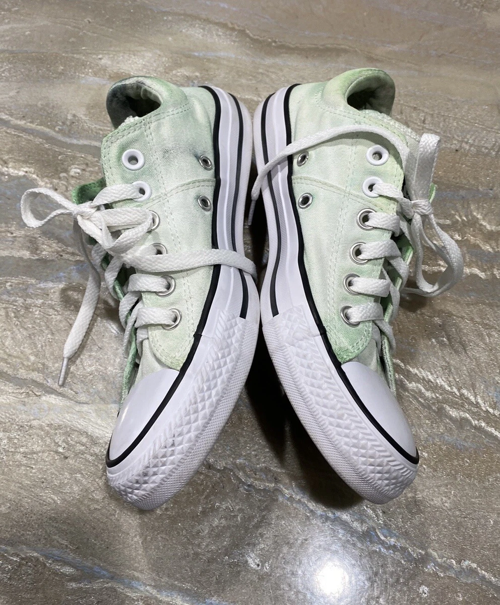 Converse All Star Low Tops Lace Up White and Green Bleach Style