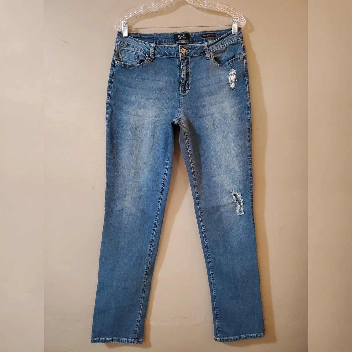 Earl Jean Womens Straight Cuff Jeans Size 14 Blue Distressed Mid Rise  Stretch