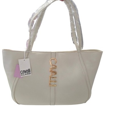 Cavalli Class Sandra Shopper Tote Bag White Asparagus Gold Logo MSRP 118