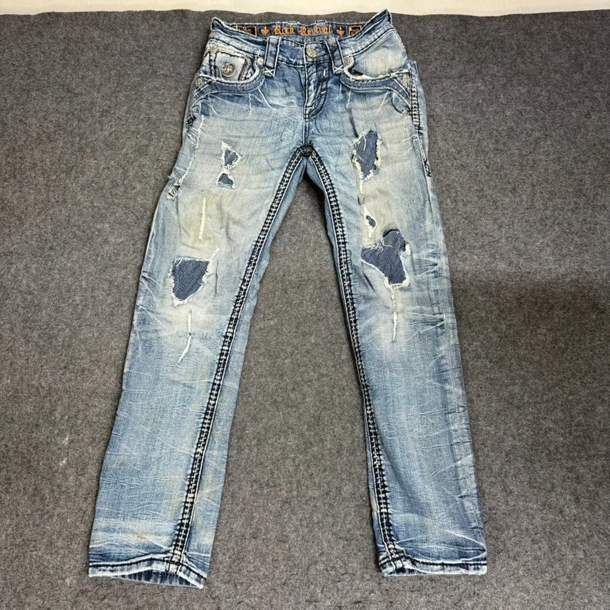 Pantalones de mezclilla rectos ajustados Rock Revival azul envejecido talla 28 para hombre DEFECTUOSOS Foto 4 de 4