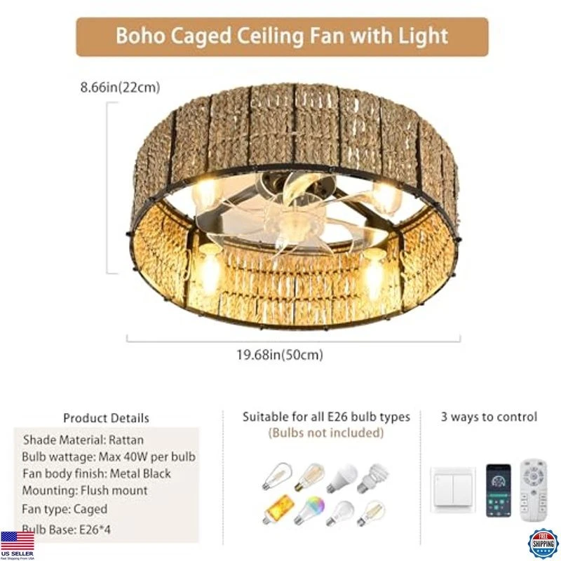 Ventilador de techo boho de 20" con luz, enjaulado de ratán, control remoto, 6 velocidades, montaje empotrado Foto 3 de 4