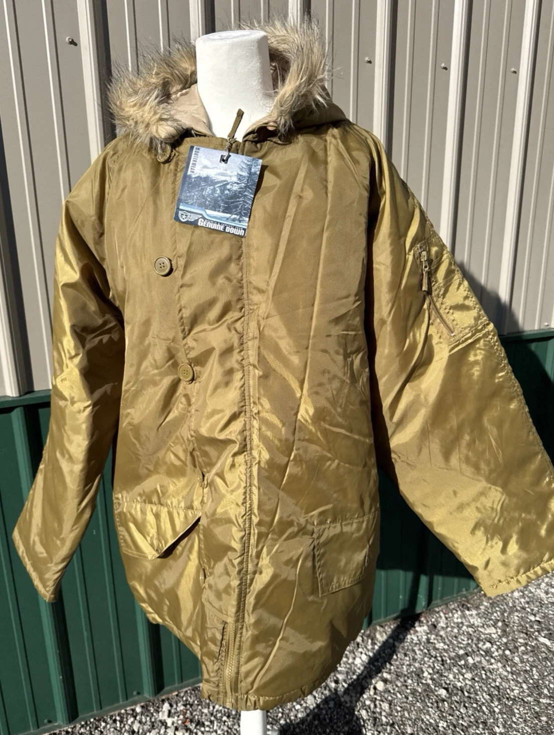 Women's Steve And Barry's Double Down Jacket Olive Green Size XL Faux Fur Hood