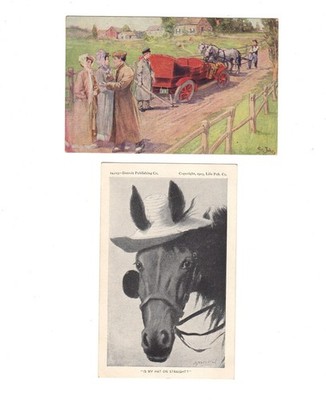 2 POSTCARD Artist Signed St John Early Auto People Broughton Horse Hat Vintage
