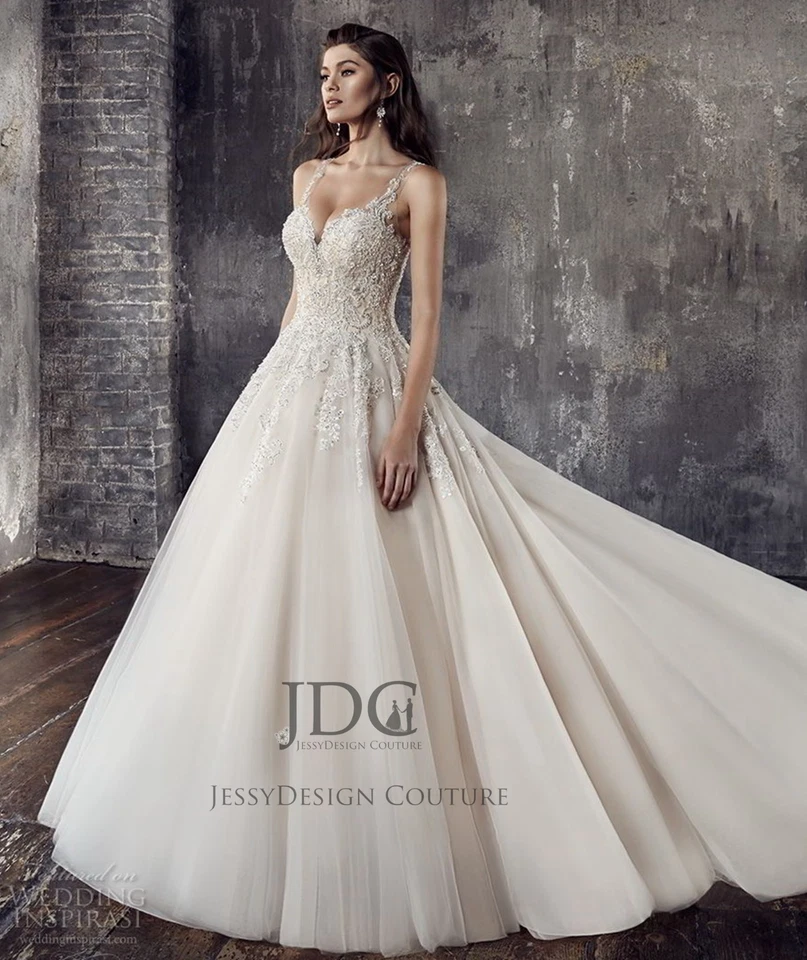 Vestido de novia de tul marfil champán con cuentas de encaje hecho a medida 2-28 W Foto 4 de 4