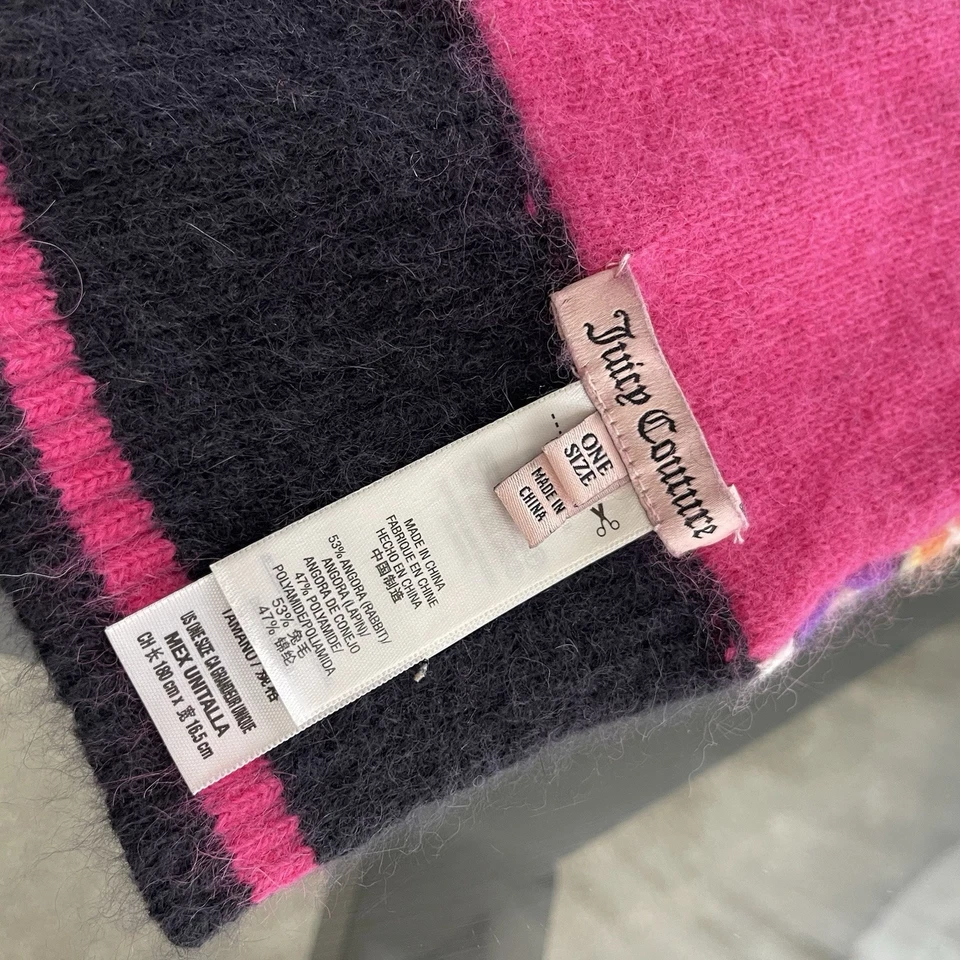 Cachecol Juicy Couture Y2K rosa preto logotipo charme mistura de angores macia listrado - Imagem 3 de 4