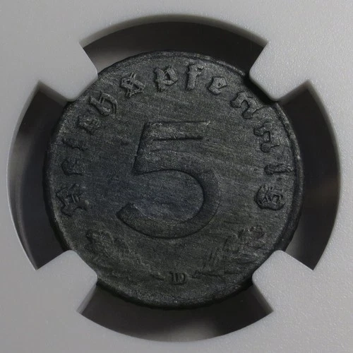Germany 1943 D 5 Reichspfennig, KM#100, NGC UNC Det Doubled Die Reverse DDR Wide