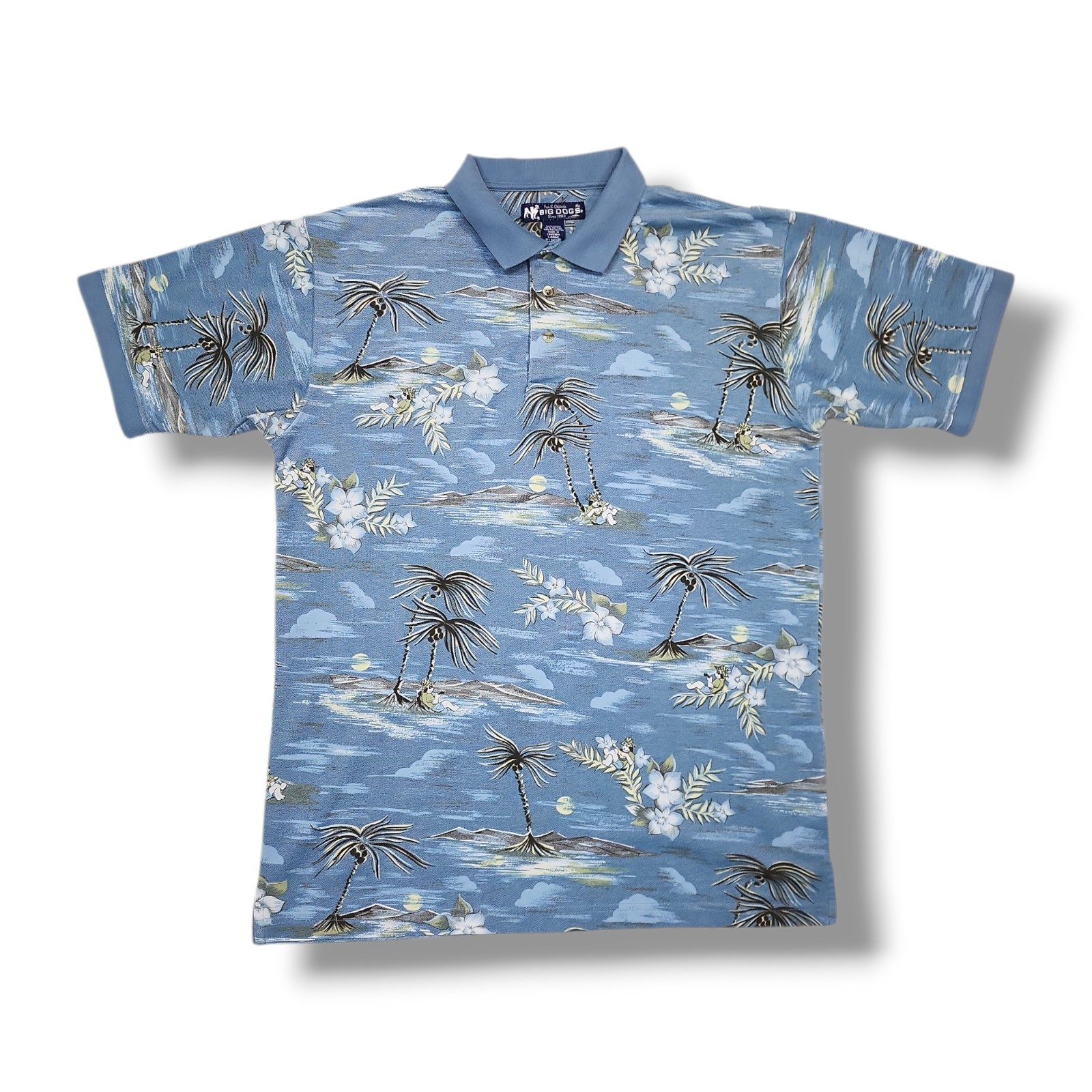 Big Dogs Polo Shirt Mens Large L Blue Golf Hawaiian Floral Short Sleeve Vintage