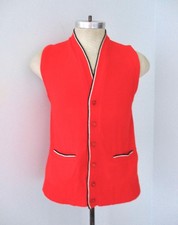Vtg 60s Campus red acrylic button sweater vest pockets black white stripe trim M